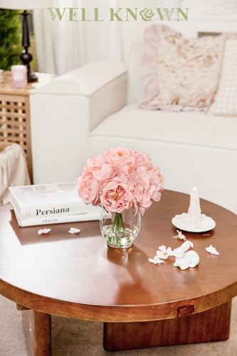 WELL KNOWN Artificial Austin Roses and Hydrangea Petals, 11.5" H Silk Roses Flower Bouquet with Fake Water in Glass Vase, Faux Peony for Home Decor, Table Decor, Weddings, Gift (Pink) - color: Blush Pink