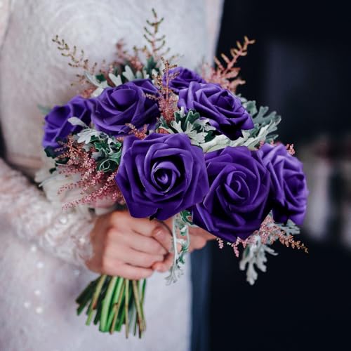 50 Pcs Artificial Foam Rose Flower Faux Bouquet Wedding Fake Rose Gift for Mother's Day Women DIY Bridal Shower Party Table Birthday Home Spring Decor (Purple) - color: Dual Shades of Blue