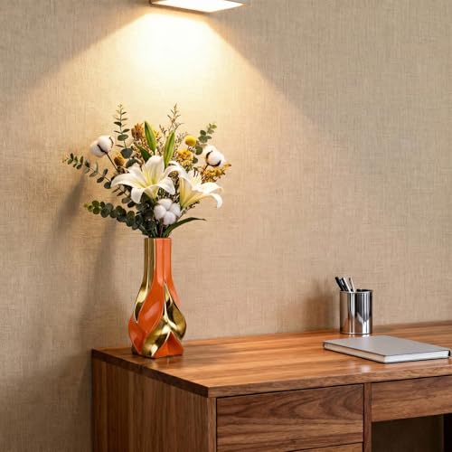 10.6" Orange and Gold Ceramic Vase, Modern Geometric Flower Vase for Dining Table Centerpiece, Elegant Decorative Vase for Pampas Grass, Living Room, Bedroom, Office, Tabletop Decoration - color: Orange Gold