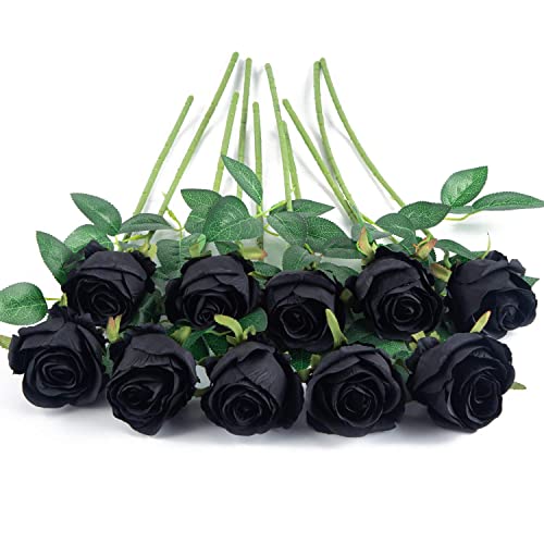 10pcs Artificial Rose Flowers Long Stem Fake Silk Roses for DIY Wedding Bouquet Table Centerpiece Home Decor (Black) - color: Black