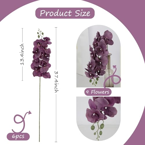 IPOPU 6Pcs Purple Orchids Artificial Flowers 37.4" Long Stem Fake Silk Orchid Look Real Flowers for Tall Vase Faux Orchids with 9 Large Blooms for Wedding Home Dining Table Centerpiece Decor (Purple) - color: Purple