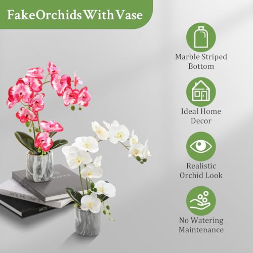 Fake Orchids Flowers in Pot Bendable Faux Orchids Artificial Flowers Washable Silk Orchid Phalaenopsis Decor for Home Wedding Table Centerpiece Bathroom Office - color: 1 Pot White +1 Pot Red Pink