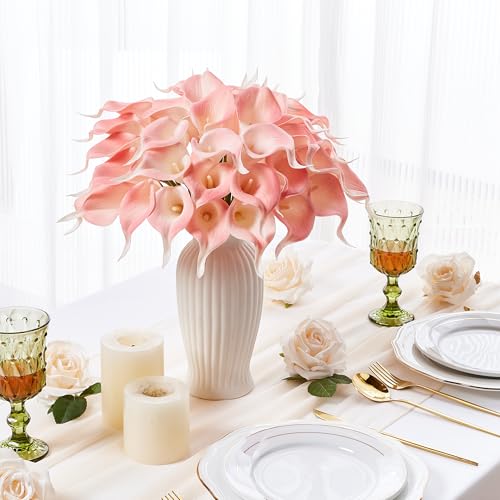 24 Pcs Pink Artificial Calla Lily Flowers Fake Pink Silk Flowers Real Touch for Wedding Bouquet Office Home Kitchen Decor - color: Pink
