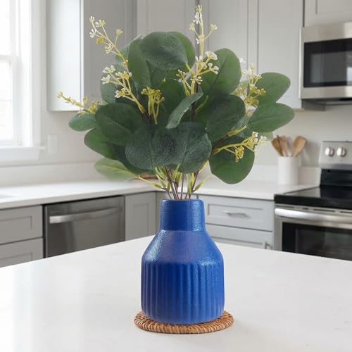 Artificial Eucalyptus Greenery Stems in Ceramic Vase 10Pcs Fake Plants Eucalyptus Leaves for Centerpiece Table Decorations Home Room Decor Office Desk Decor Greenery Decor Indoor (Blue) - color: Blue