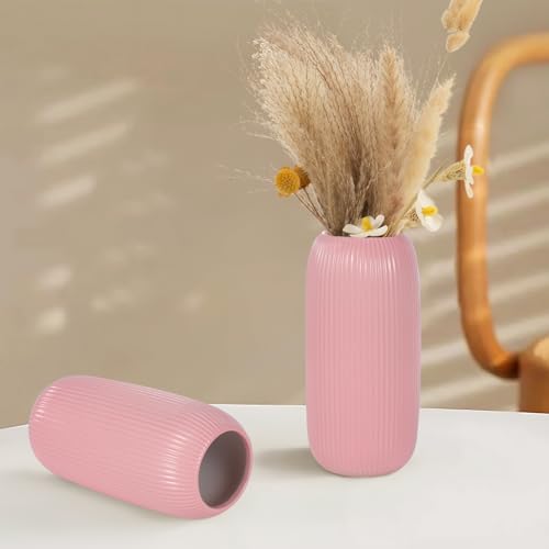 Ceramic Vase for Flowers – Modern Small Ribbed Textured Flower Vase for Home Decor, Pampas Grass, Decorative, Farmhouse, Coffee Table, Kitchen Centerpieces, Bookshelf and Home Living (Pink) - color: Pink