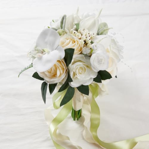 9.5 Inch White Cascade Bridal Bouquet for Bride with Artificial Rose Phalaenopsis Flower and Pearls Cascading Bridal Bride Wedding Bouquet Flower Wedding White and Champagne - color: White & Champagne