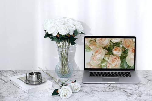 SITUMEIZI 15PCS White Artificial Roses Silk Flowers Fake Roses Realistic Bouquet Long Stem with Gift Box for Mother's Gift Day Home Party Wedding Decorations - color: White