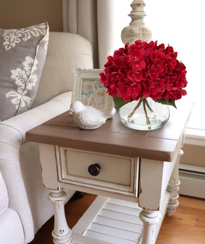 Hollyone Hydrangea Artificial Flowers in Vase Red Silk Fall Fake Flowers Arrangements with Glass Vase with Faux Water Faux Floral Bulk Bouquet for Office Table Centerpiece Shelf Home Decorations - color: Hydrangea, Red