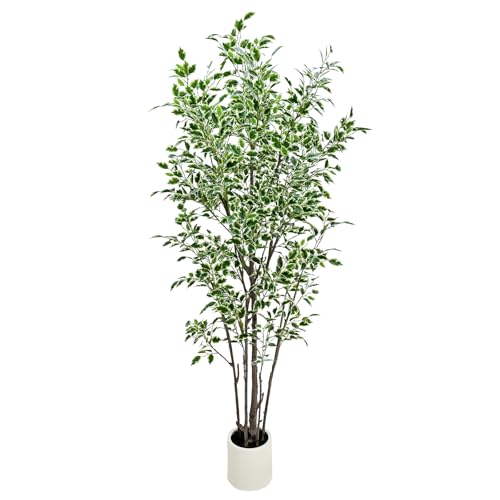 7ft Artificial Ficus Tree with White Plastic Planter | Foliage: Designed with natural green and white variegated leaves for lifelike indoor landscape decoration - color: White, size: 7ft