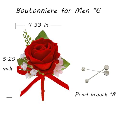 Marriwise 6pcs Rose Boutonniere for Men, Artificial Flowers Wedding Groom Groomsmen Boutonniere for Wedding/Anniversary/Prom/Rustic Wedding/Homecoming (Red) - color: Red