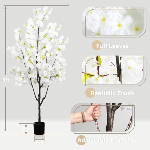 Faux White Cherry Blossom 6ft(72in) Artificial Floor Green Plant for Indoor Decor Natural Potted Tree with Texture Flowers Realistic Wood Trunk for Home Living Room,Office Perfect Housewarming Gift - color: Cherry Blossom(white 8), size: 6ft