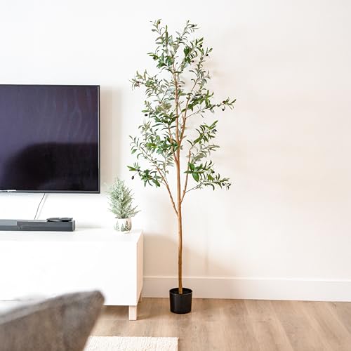Sunnydaze Fake Olive Tree - 6ft Tall Faux Olive Tree with Pot - Indoor Artificial Plant with Black Weighted Base and Silk Leaves - Set of 2 - size: 6 ft