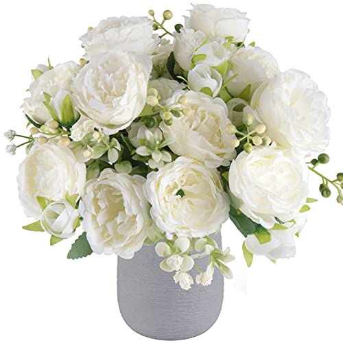 4 Bundles Artificial Peonies Silk Flowers, White Faux Peony Bouquet Florals Arrangements Decor for Farmhouse Home Boho Wedding Table Centerpiece, Fake Plastic Flowers Bulk Vase Decoration (White) - color: White, size: 4PCS
