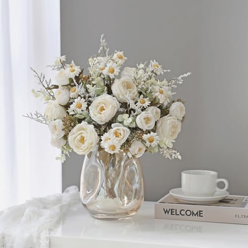 Fake Roses Artificial Flowers 6 Pack White Roses Artificial Flowers for Decoration Vintage Roses Silk Mini Rose with Daisy Floral Bouquet for Vase Centerpiece Table Wedding Party Bridal Decor - color: Cream White, size: 6PCS