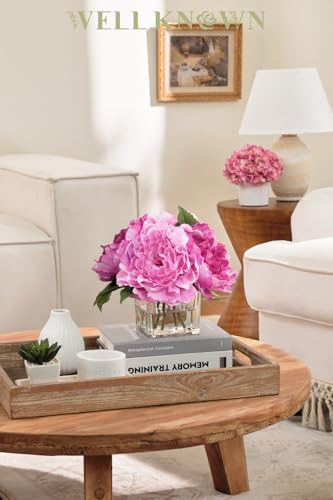 Artificial Peonies Flowers Arrangements in Cube Glass Vase, WELLKNOWN Silk Flower Centerpieces for Dining Room Table, Coffee Table Decor, Faux Peony Flowers with Faux Water (Bicolor Purple) - color: Bicolor Purple