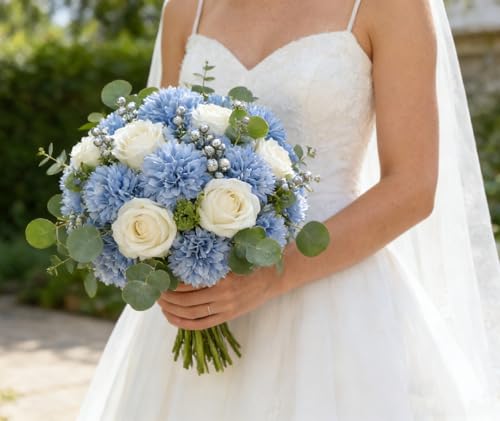Kimura's Cabin 20Pcs Chrysanthemums Artificial Flowers Silk Faux Mums with Stem Fake Ball Flower for Wedding Bouquets Arrangements Home Coffee Table Centerpieces DIY Decoration,Blue - color: Light Blue