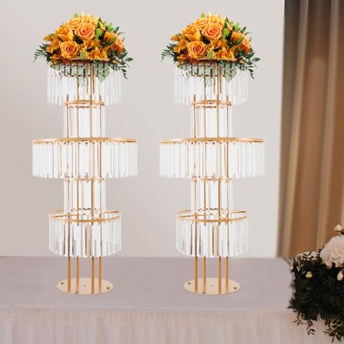 2Pcs 5 Tiers Wedding Centerpieces Vase, 43.3" Tall Wedding Centerpieces Crystal Flower Stand, 5-Tier Crystal Vase with 11" Round Base for Party Event Home Decoration (Gold) - color: Gold+round Base