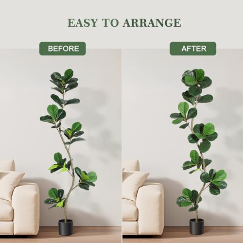 GarveeHome Artificial Fiddle Leaf Fig Tree - 6 ft Fake Plant with Black Nursery Planter, Large Fake Tree for Home or Office Decor - Artificial Plants Indoor Outdoor, Housewarming Gift - size: 6ft
