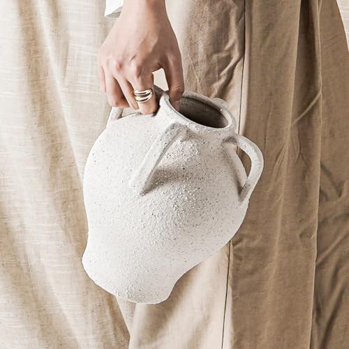 White Ceramic Vase with 4 Handles, 8.8" Rustic Farmhouse Centerpiece - Decorative Flower Vase for Living Room, Table, Bookshelf, Mantel, Entryway & Wedding Home Decor (Rock Sand White) - color: 8.8 Inch-rock Sand White