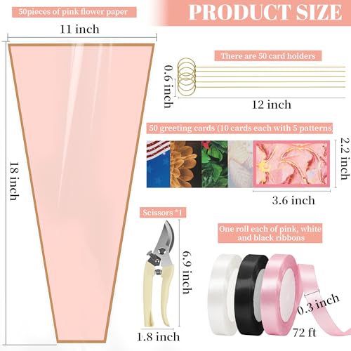 50 Sheets 18" x 11" Pink Flower Bouquet Wrapping Bags Plastic Paper Sleeves, Total 154Pcs RibbonsX3 Pruning ShearsX1 Card HolderX50 CardsX50 Floral Bouquets Bag for Flowers Bar Graduation Wedding - color: Pink 50 Sheets Gold, size: 18 x 11 inch