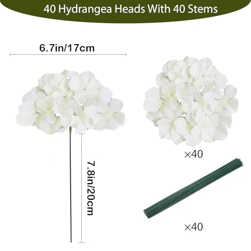 White Hydrangea Artificial Flowers Bulk, 40 Pcs Faux Hydrangea Flowers Heads, Artificial Fake Silk Hydrangea Flowers with Stems, White Flowers Artificial for Decoration Wedding Décor - color: White, size: 40 Pcs