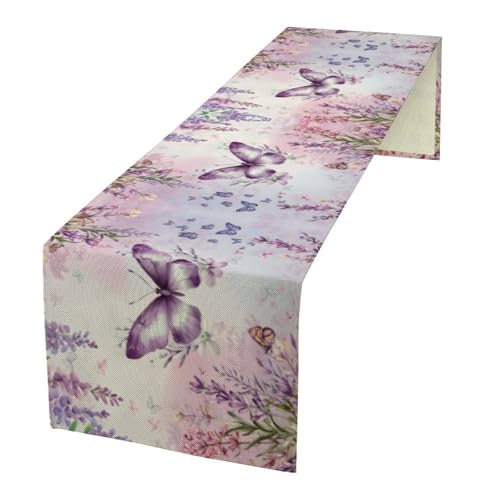 Butterfly Table Runner,Spring Purple Lavender Floral Table Runner for Holiday Kitchen Living Room Home Party Decor 13x36 Inch - color: Butterfly-12, size: 13x36in