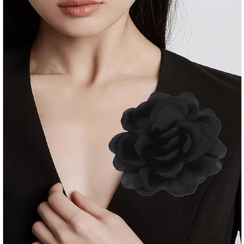 Large Flower Brooches Lapel Pins for Women Satin Fabric Brooches Big Camellia Flower Brooch Pins Wedding Part Dance Clothes Accessories Jewelry Gifts - color: black