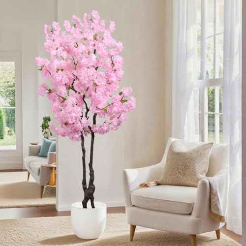 BINCUE Artificial Pink Cherry Blossom Tree Fake Tree Cherry Blossom Decor Fake Flowers Faux Flowering Tree Pink Flowers Floral Artificial Plants for Indoors Outdoors Room Home Decor Gift 6FT - color: Pink-05ap