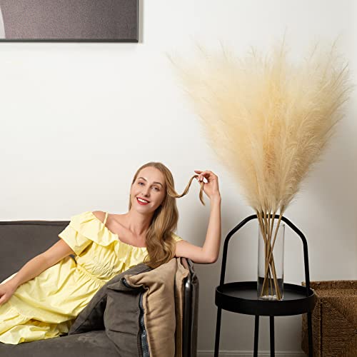 Faux Pampas Grass 6 Stems, Artificial Pampas Grass - 43 inch Total Extra Large Pompass Grass Tall Pompous Boho Flower Arrangement and Floor Vase Filler Home Decor for Room Wedding Party - color: Beige