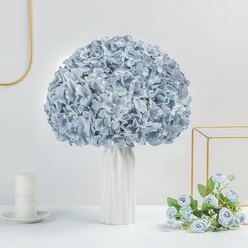 DuHouse Silk Hydrangea Artificial Flower Heads with Stems Fake Hydrangeas Flowers for DIY Wedding Centerpiece Home Decor,Pack of 6 (Dusty Blue) - color: Dusty Blue