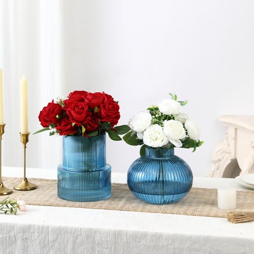 Ribbed Glass Vases, Set of 2 Fluted Vases for Flowers, Blue Glass Vase for Tulips, Modern Vase for Living Room, Kitchen, Office, Entryway, Mantle, Bookshelf, Wedding Gifts, Birthday - color: Blue, size: Ribbed + Round (2-Pack)