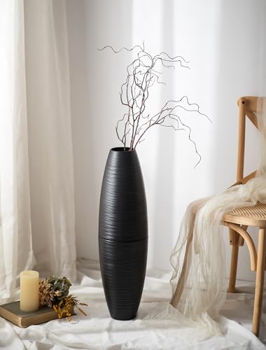 Sziqiqi Black Tall Floor Vases: 27.5in Metal Extra Large Decorative Vase for Pampas Grass Fake Plant Dried Flowers - Detachable Ribbed Big Standing Vase for Living Room Indoor Fireplace Home Decor - color: Black
