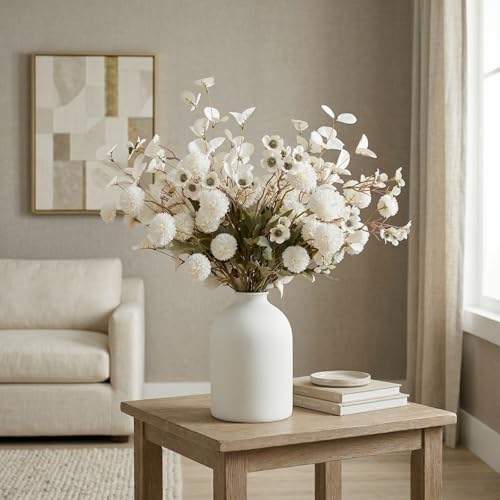 20pcs White Artificial Flowers Bulk For Vase That Look Real, White Flower Centerpiece For Table, Silk Floral Home Decor Indoor, Faux Kiku + Eucalyptus Stems + Wildflowers, Flores Blancas Artificiales - color: White Kiku+wax+eucalyptus