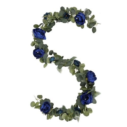 2 Pcs Royal Blue Artificial Peony Flower Garland 6.2ft/Piece Silk Faux Eucalyptus Greenery Garland with Peonies for Wedding Arch Backdrop Party Mantle Home Table Decoration (Royal Blue) - color: Royal Blue