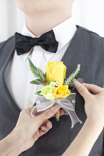 Yellow Corsage and Boutonniere Set for Wedding Prom, Artificial Rose Flower Homecoming Corsage Wristlet, Boutonniere for Men Wedding Suit Decor - color: Yellow