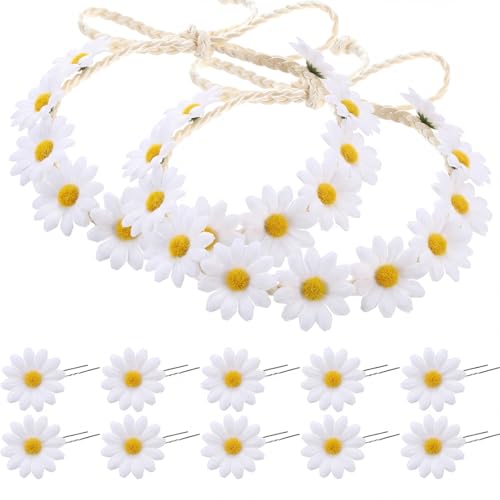 Boao 12 Pcs Daisy Headband Set for Women Girls, 2 Boho Hippie Flower Crown with 10 Daisy Hair Clips, Floral Hair Accessories for Music Festival Wedding Party Fairy Photoshoot - color: White