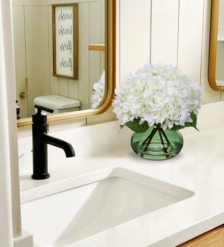 Hollyone White Hydrangeas Floral Arrangement in Glass Vase Artificial Flowers with Vase with Faux Water Silk Faux Flowers Fake Floral Bulk Bouquet for Home Decor Table Centerpiece Decorations - color: Hydrangea, White and Green