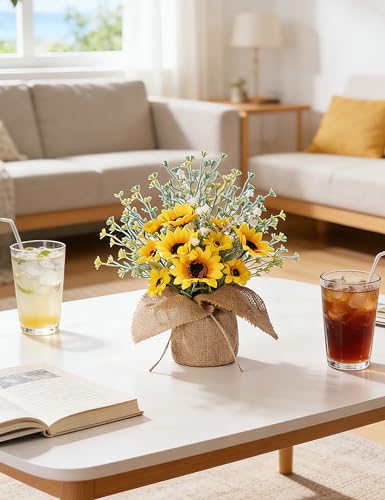 Sunflower Decor, 1 Pcs Farmhouse Rustic Sunflower Kitchen Decor, Centerpieces for Tables, Fake Artificial Sunflowers Flowers in Burlap Bag Vase, Summer Decorations Indoor Outdoor for Home - style: 1 Pcs