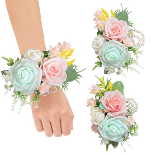TINGE TIME Set of 2 Wrist Corsage Bracelets Pearl Wristlet Band Bridesmaid Bracelet for Wedding Ceremony Bridal Shower Wedding Artificial Flower Prom (MintGreen&Pink) - color: Mint Green & Pink