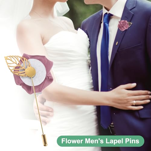M METERXITY 1-Pack Flower Lapel Pins for Men, Golden Leaf Rose Boutonnieres Pin Groom Boutonnieres for Wedding/Dance/Party, Men Lapel Pins for Suits Satin Flower Corsage [Bean Paste Red] - color: Bean Paste Red