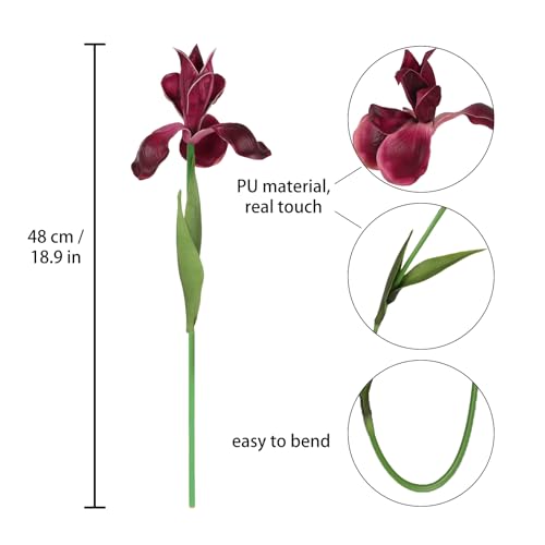 Iris Flowers Artificial Real Touch Flowers 6 PCS 18.9 in Long Stems Artificial Iris for Decoration for Wedding Bridal Home Kitchen Party(Burgundy) - color: Burgundy