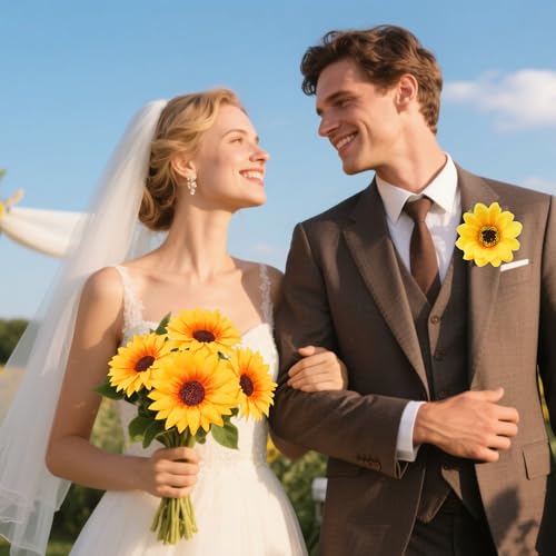 50Pcs Artificial Sunflowers Flowers Yellow Fake Silk Sunflower Heads Decorations for Graduation Cap Home Tables Wedding Baby Shower DIY Craft Party Decor