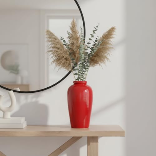 Red Ceramic Vase for Home Decor - 11 Inch Tall Modern Decorative Vase for Centerpieces, Boho Flower Vase for Pampas Grass, Christmas, Living Room, Kitchen, Fireplace, Entryway, Shelf Decor - color: Red