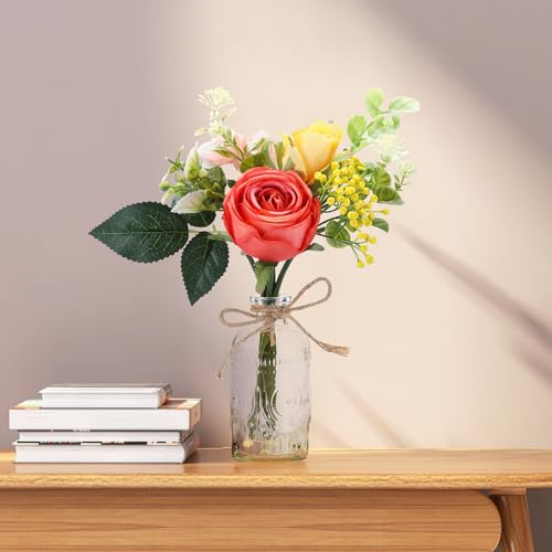 AFRITEE Artificial Flowers with Small Vase - Orange Potted Fall Rose Floral Arrangements Artificial with Small Vase for Home Living Office Wedding Coffee Centerpiece Table - color: Orange Bouquet+relief Vase