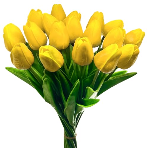 20 Pcs Tulips Artificial Flowers, 13.5'' Real Touch PU Fake Flowers Bouquet for Home Party, Spring Wedding Floral Arrangement, Valentine's, Easter and Mother's Day Decor (Yellow) - color: Yellow