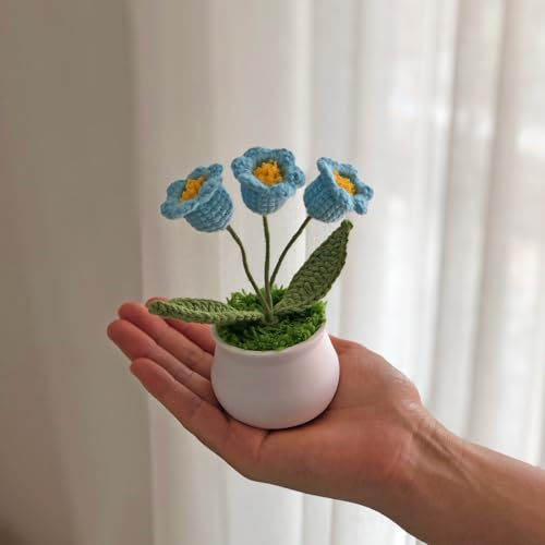 Joekaran Crochet Flowers Cute Little Potted Flower, Gift for Birthday, Teacher’s Day, Graduation, Anniversary, Christmas, Decor for Car Dashboard,Home Office Decoration (Blue Lily of the Valley) - color: Blue Lily of the Valley