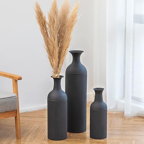 Sziqiqi Black Tall Ribbed Modern Metal Vase Trio - Large 27" Tall x 20" Wide x 16" Deep for Living Room, Bedroom, Kitchen, Corridor - color: Black