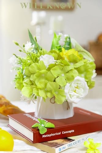 WELL KNOWN Small Fake Flowers in Plastic Vase 7" Centerpieces Coffee Table Decor, Green White Silk Flower Arrangements for Home Decor Indoor Artificial Flower Bouquet for Dining Room Kitchen Wedding - color: Green & White