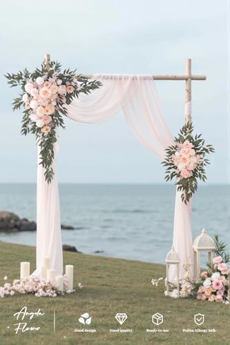 Deluxe Wedding Arch Flowers with Drapes Kit Pack of 4, 2pcs Champagne & Pink Hanging Silk Flowers Arrangement 2pcs Chiffon Drapes for Ceremony Arbor Party Outdoor Decor - color: Champagne & Pink