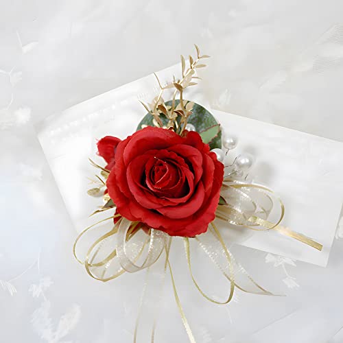 Boutonniere for Wedding Groom 2pcs Satin Rose Groomsmen Best Man Father Suit Lapel Flower Button Hole Artificial Flower with Gold Ornament for Prom Homecoming, Tea Party, Formal Dinner, Red - color: Red Boutonniere